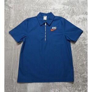 Nike Men's Blue Short Sleeve Zip Polo Shirt Orange Swoosh Logo Size S